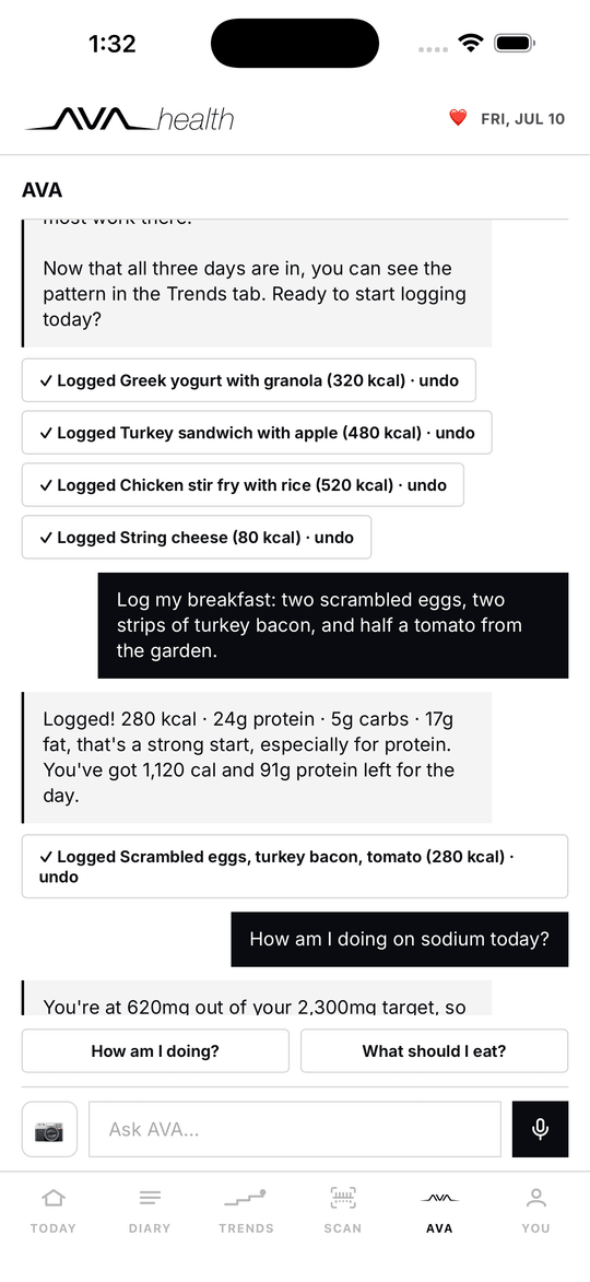 AVA chat: a meal described in plain English, logged with calories and macros