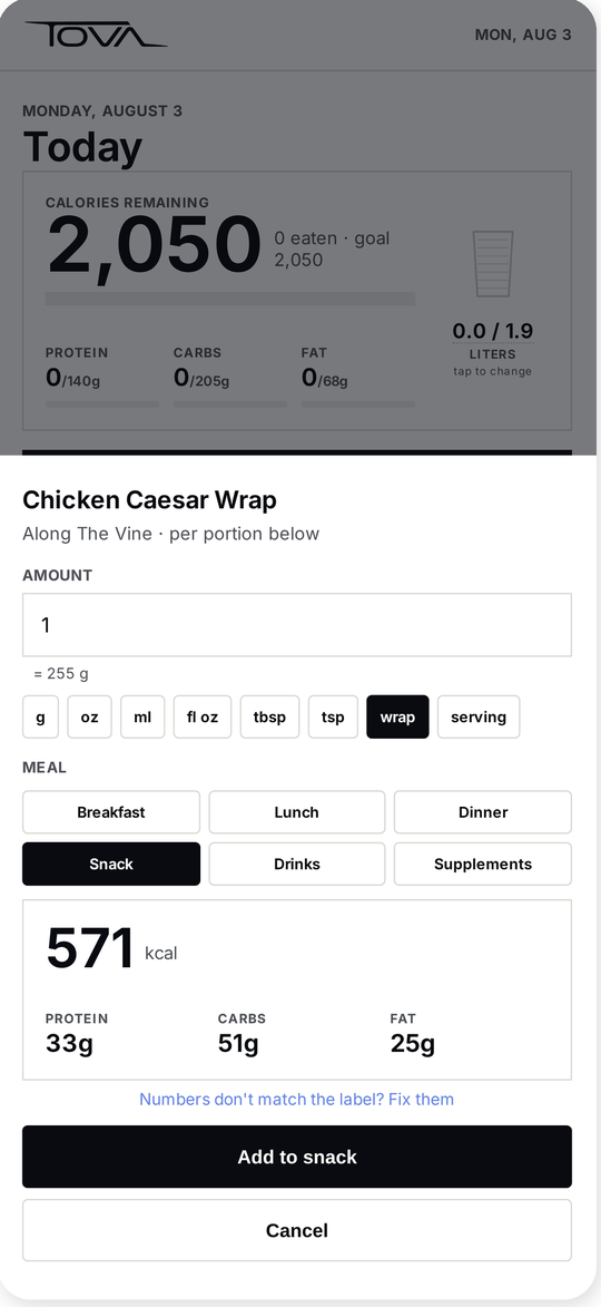 Serving sheet: amount, unit chips, and a link to fix the numbers off the label