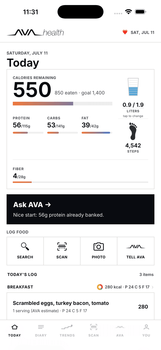 Today screen: calories remaining, macro bars, water and nutrients